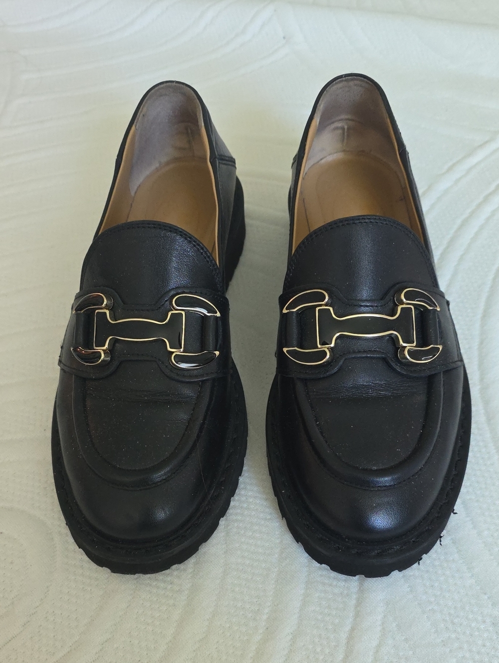 Browns Couture Black Leather Women's Loafers with Gold Tone Bit Detail